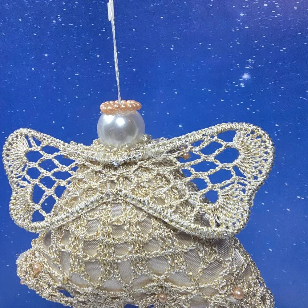 Hand Crocheted Beaded Angel Ornaments Set of 3 Fabric Holiday Decor Spiritual